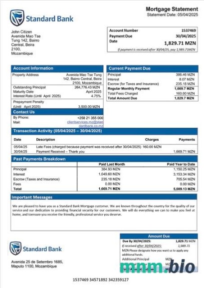 Mozambik Standard Bank wyciąg z kredytu hipotecznego szablon Word i PDF